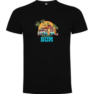 Zwart T-Shirt met Kleurrijke print “ Beach / Strand Camper met Surfplank en Palmbomen - Feest “ Print Full Color Maat M