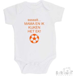 100% katoenen Romper ""ssssstt Mama en ik kijken het EK"" Unisex Katoen Wit Oranje Maat 62/68