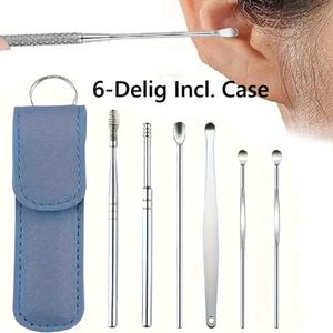 6-delige RVS Oorkrabberset I Oorreiniger I Oorsmeer Verwijderaar I Wattenstaafjes I Wax Removal I Oor Reinigen I Inclusief Case I Blauw
