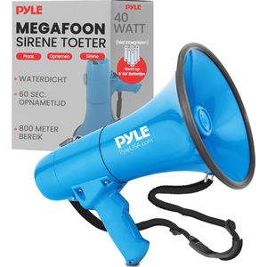 Pyle Megafoon - 40 WattToeter met Sirene - Draagbare Luidspreker - Automatische Sirene en Muziekfunctie, Batterijgevoed, Bereik tot 670 m², Blauw