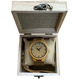 Hipperboo® Bamboe Horloge - Unisex - Heren en Vrouwen - Polshorloge - Lichtbruin Eco-Leer - Met Opbergbox