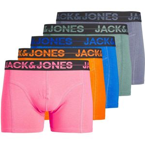 JACK & JONES Jacseth solid trunks box (5-pack) - heren boxers normale lengte - blauw - roze - oranje en groen - Maat: L
