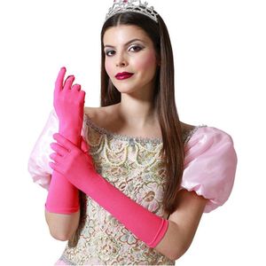 Verkleed party handschoenen voor dames - polyester - fuchsia roze - one size - lang model