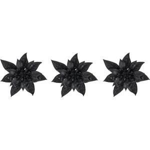 3x stuks decoratie bloemen kerststerren zwart glitter op clip 15 cm - Decoratiebloemen/kerstboomversiering