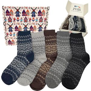 Tutti Footi - Warme Winter Sokken - Zwart/Grijs/Bruin - Set van 5 Paar - Noors Patroon