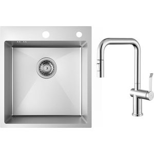 Auralum max Spoelbak Keuken - Met keukenkraan met uittrekbare uitloop - Spoelbak Met Kraangat - Spoelbakken Keuken - Gootsteen RVS - 44x49CM