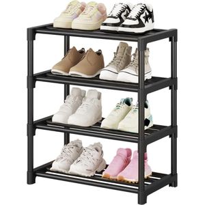 Schoenenrek met 4 niveaus, klein schoenenrek, roestvrij staal, schoenen organizer voor maximaal 8 paar schoenen, ruimtebesparende opslag, schoenenrek, ingang, kast, woonkamer (zwart)