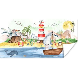 Poster kinderen - Wanddecoratie jongens - Strand - Dieren - Kinderen - Vuurtoren - Poster kinderkamer - 160x80 cm - Decoratie kinderkamers - Kinderkamer decoratie - Poster Babykamer