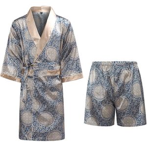 Allthemen Herren Pyjama Set - Satijnen Badjas met Korte Broek - M