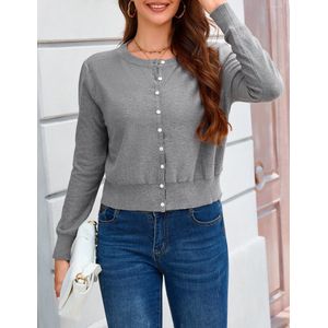 Dames Bolero Cardigan Kort Gebreid Cardigan Ronde Hals Knoopsluiting Open Voorkant Trui Casual Schouder Jas Top Donkergrijs L