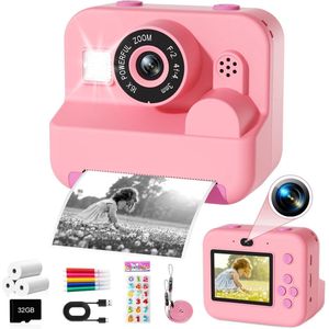 Instantcamera - Roze - Educatief Speelgoed - 1080P-Camera - Inclusief 32 GB Geheugenkaart en Printerpapier