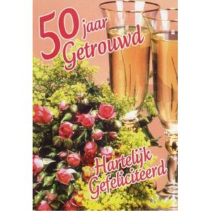 50 jaar getrouwd! Van harte gefeliciteerd! Een bijzondere en kleurrijke wenskaart met mooie rozen en gevulde champagneglazen. Een dubbele wenskaart inclusief envelop en in folie verpakt.