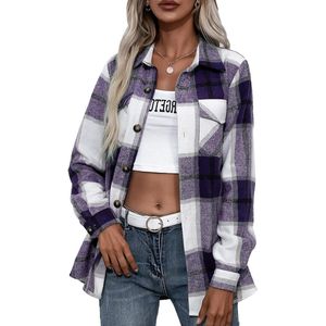 Geruite Dameshemdjas - Lange Mouwen - Button-Down - Warm - Casual - Herfst Winter - Losse Overhemdblouse - Altviool - S/M/L/XL