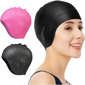 2 stuks badmutsen met gehoorbescherming - 3D badmutsen voor mannen en vrouwen - Waterdichte siliconen badmutsen - Geschikt voor lang en kort haar - Zwemmutsen voor volwassenen - Casual badmutsen voor jongeren