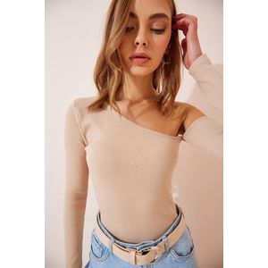 Happinessistanbul Rode Off-Shoulder Geribde Gebreide Damesblouse Tg00011