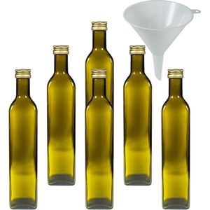 6 x bruine glazen fles/oliefles 500 ml met goudkleurige sluiting, lege flessen als voorraaddoos en azijnfles bruikbaar (incl. trechter Ø 12 cm), groen