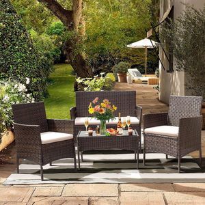 Buitentuinset met Tuintafel, 2 Stoelen en Bank met Kussens - Weerbestendig Rotan Design