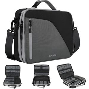 Dubbele laag reis kabelorganizer tas met schouderband, elektronische opbergtas voor 11.6 inch laptop, grijs met zwart, laptop trolley.