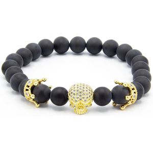 Victorious Natuurstenen Kralen Armband Heren – Gouden Schedel – Mat Zwart – 18cm