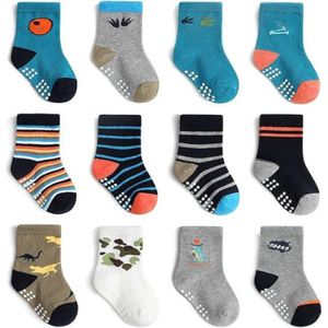 12 Paar Antislip Katoenen Sokken Met Grip Voor Baby Peuter Jongens Meisjes - Zacht, Ademend En Comfortabel