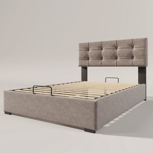Merax Hydraulisch Eenpersoonsbed 90x200cm - Fluweel Gestoffeerd Bed met Verstelbaar Hoofdeinde en Metalen Lattenbodem - Modern Bedframe met Opbergruimte - Lichtgrijs
