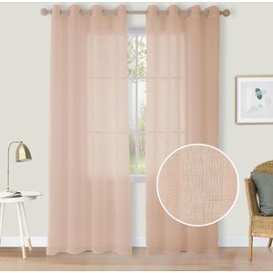 Linnen look voile gordijnen met oogjes half-transparant gordijn voor slaapkamer woonkamer H 225 x B 140 cm set van 2, baby roze