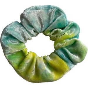 Marble/Tie-dye velvet scrunchie/haarwokkel, blauw/geel/groen