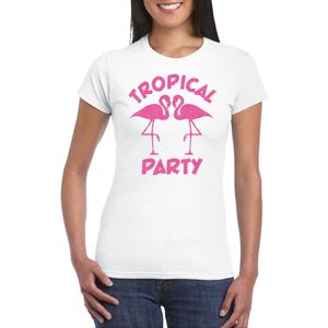 Bellatio Decorations Tropical party T-shirt dames - met glitters - wit/roze - carnaval/themafeest XL