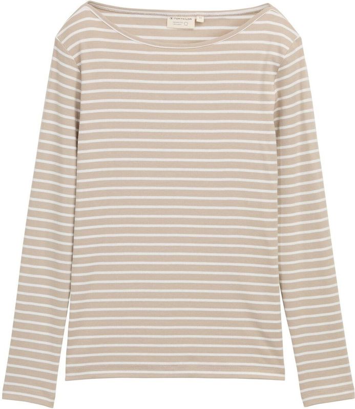 TOM TAILOR - Shirt - Donkerbeige/Wit - Gestreept - Lange Mouw