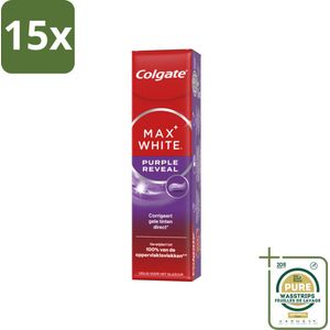 15 x Colgate - Tandpasta - Max White - Purple Reveal - 75 ml - Grootverpakking - Directe Whitening - Wittere Tanden - Gele Tanden - Paarse Tandpasta - Visuele Whitening