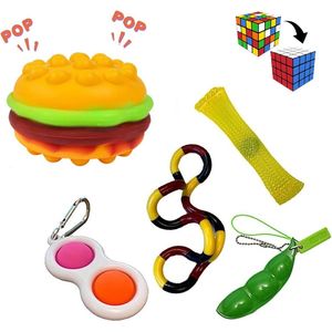 Pop it Fidget toys pakket set - Pop it - Pop All Up® - 5 Delig - Simple dimple - Pea popper - Mesh-and-marble fidget toy - Twister twist - Pop it Regenboog vierkant