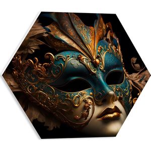 PVC Schuimplaat Hexagon - Venetiaanse carnavals Masker met Blauwe en Gouden Details tegen Zwarte Achtergrond - 40x34.8 cm Foto op Hexagon (Met Ophangsysteem)