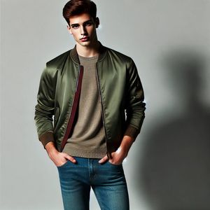 D-Struct Zacht Satin Bomber Lichtgewicht Jack Heren Khaki Maat XL