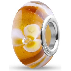 Quiges - Glazen - Kraal - Bedels - Beads Honing met Wit Gele Bloemen Past op alle bekende merken armband NG572