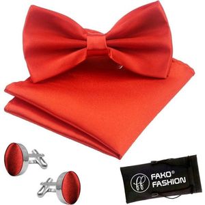 Fako Fashion® - Vlinderstrik, Pochette & Manchetknopen - Vlinderdas - Strikje - Pochet - Satijn - Rood