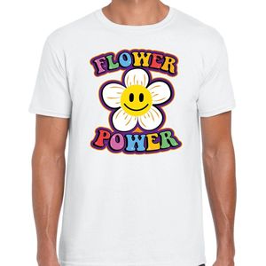 Jaren 60 Flower Power verkleed shirt wit met emoticon bloem heren - Sixties/jaren 60 kleding S