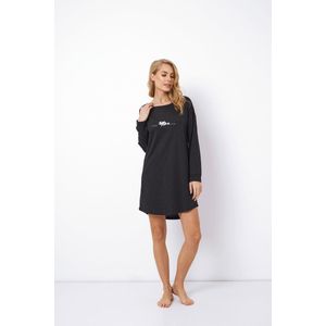 Dames nachthemd Dionella-lange mouwen-zacht katoen & modal-wijde halslijn-3D kattenprint-donkergrijs/zwart-maat S