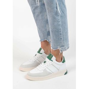 Sacha - Dames - Witte leren sneakers met groene details - Maat 41