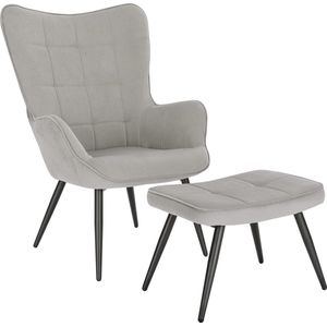 Furnibella - Relaxstoel leunstoel vintage retro stoel gestoffeerde stoel met kruk TV fauteuil oorfauteuil corduroy lichtgrijs SKS28hgr