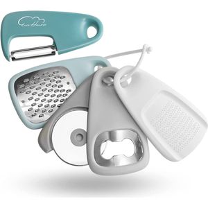 Keukengadgets 5 stuks ruimtebesparende keukenaccessoires kaasrasp, flesopener, fruit/groentedunschiller, pizzasnijder, knoflook/gembermolen, roestvrijstalen campingaccessoires (blauw)