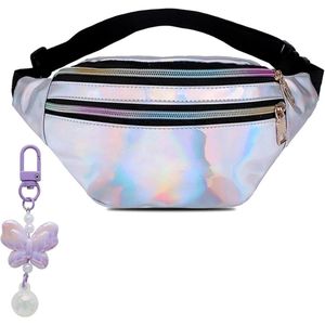 Allecto Plus - Glitter heuptas voor kinderen en dames, waterdicht en modieus met paarse laservlinder sleutelhanger. Ideaal voor feestjes, zilver.