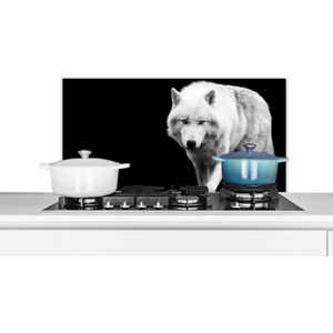 Spatscherm keuken 90x45 cm - Kookplaat achterwand Wolf - Dier - Zwart - Wit - Muurbeschermer - Spatwand fornuis - Hoogwaardig aluminium