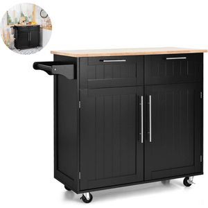 Keukeneiland - Verplaatsbaar - Keukenkast - Dressoir - Organizer - Kasten - Houten Werkblad - Lade - Zwart