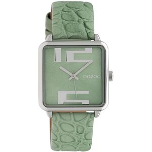 OOZOO Timepieces - Zilverkleurige horloge met licht groene leren band - C10367