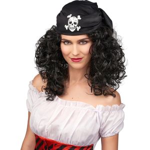 Vegaoo - Bruin piraten pruik voor dames met hoofddoekje - Zwart - One Size