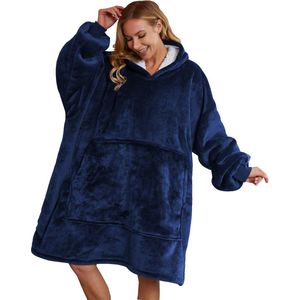 Blivener Oversized sweatshirt deken, unisex Sherpa hoodie deken, draagbare knuffeldeken met mouwen en zak - donkerblauw.