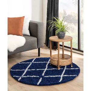 Rond hoogpolig vloerkleed ruiten Habitat - marineblauw/wit 300 cm rond