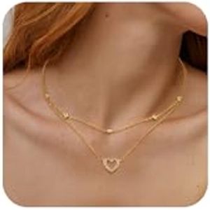 Gouden kettingen voor dames met hartvormige zirkonia hanger - 14-karaats vergulde sterlingzilveren kettingen - Dubbellaagse stapelbare Boho sieraden