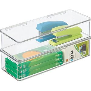 Opbergbox - voor schrijfgerei en kantoorbenodigdheden/pennen/potloden/notitieblokken en meer - met deksel/stapelbaar/plastic - lang - Doorzichtig - per 2 stuks verpakt
