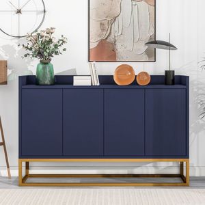 Buffetkast met opbergruimte - moderne opbergconsoletafel met verstelbare planken en 4 deuren - koffiebarkast voor keuken/woonkamer/hal - blauw＆ goud